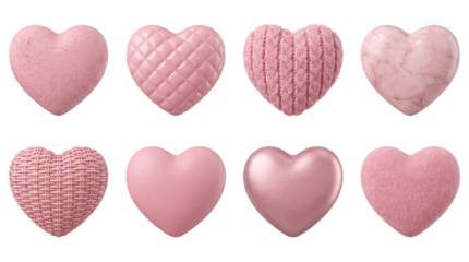 Pink heart collection set including textured, quilted, knitted, marble, woven, leather, metallic, and felt styles isolated. Romantic design elements for valentine or wedding projects.