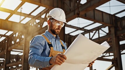 Construction worker in hard hat holding blueprints on a building site pointing up