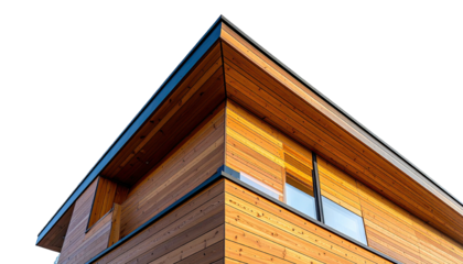 Modern building corner with wood siding and contrasting dark trim