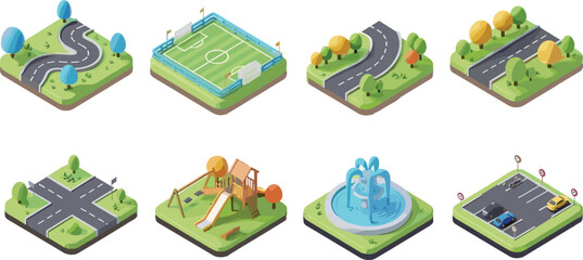 Isometric 3d city infrastructure with roads parks and recreational areas © Riyaj Vector Valley