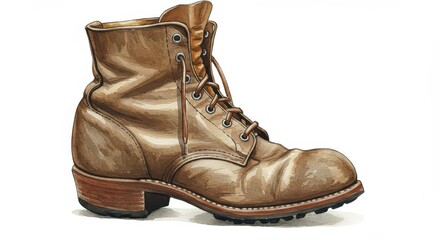 A single well-worn brown leather work boot with laces, depicted against a white background.