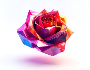 Colorful geometric rose floating on white background, sharp faceted design