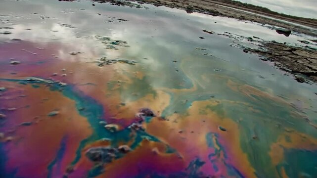 Iridescent oil slick on muddy ground reflecting the cloudy sky, showcasing vibrant pollution patterns.