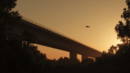 Elevated roadway silhouette against a dusk sky, with a plane and tree line