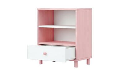 Pink and White Open Shelf Cabinet with Drawer