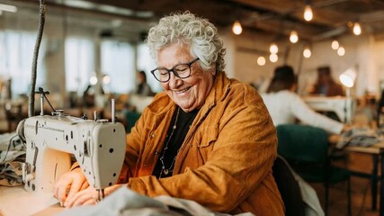 Elderly woman in workshop operates sewing machine surrounded by fabrics and warm lights showing craftsmanship small business and joyful creative work in textile industry
