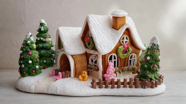 Festive gingerbread house with candy trees and tiny figures on snowy base captures cozy christmas spirit childhood nostalgia and holiday decoration charm