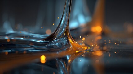 Flowing liquid with iridescent shimmer and golden bokeh on a reflective surface