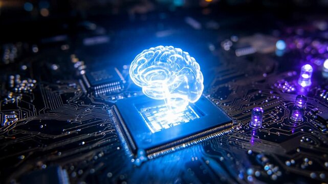 Glowing digital brain hologram floats above computer chip symbolizing artificial intelligence innovation and powerful future technology