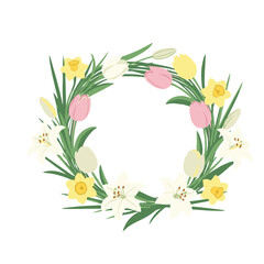 Spring flower wreath with colorful tulips lilies and daffodils on light blue background