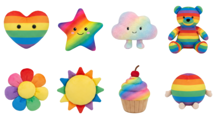Rainbow plush toy set including heart, star, cloud, bear, flower, sun, cupcake, and ball variants isolated. Colorful stuffed animal and nursery decoration collection.