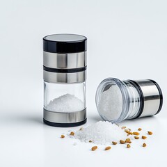 Salt and spice grinding action kitchen product showcase modern close-up culinary essentials