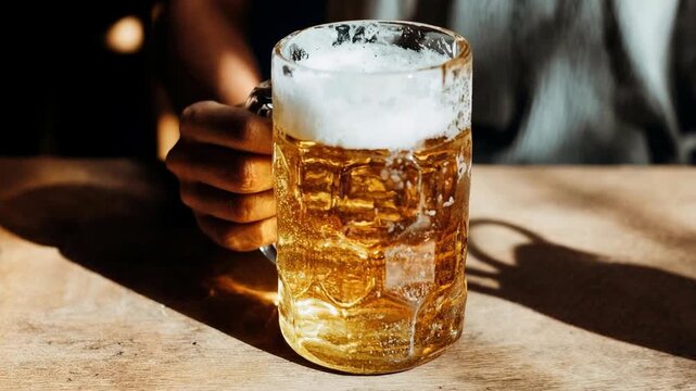 Hand places frothy beer mug on wooden table highlighting refreshing drink social relaxation and bar lifestyle atmosphere