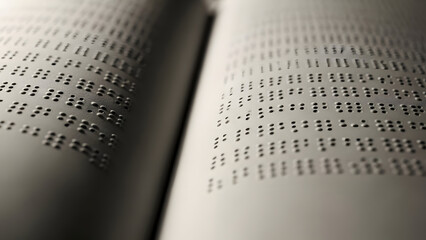 Close-up view of an open book displaying rows of raised Braille dots on its white pages.