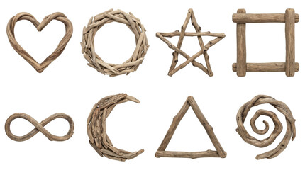 Driftwood shapes set including heart, wreath, star, frame, infinity, moon, triangle, and spiral symbols isolated. Natural rustic decorative elements collection.