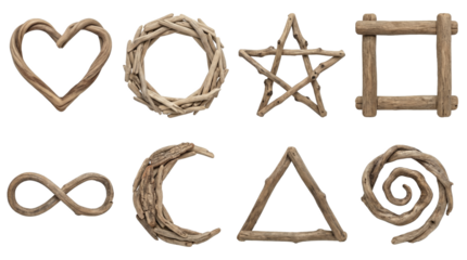 Driftwood shapes set including heart, wreath, star, frame, infinity, moon, triangle, and spiral symbols isolated. Natural rustic decorative elements collection.
