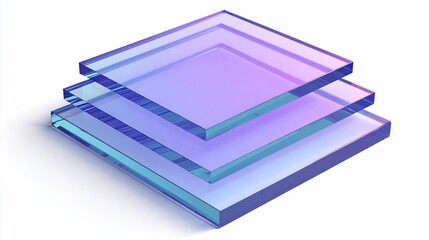 Three transparent, square layers stacked, with a gradient of blue and purple tones, on white