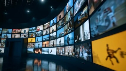 Curved wall of giant screens displays dynamic media content symbolizing digital entertainment streaming and modern information age