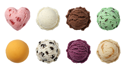 Gourmet ice cream scoop set including strawberry heart, vanilla, chocolate, mint chip, mango, cookies and cream, berry, and caramel flavors isolated. Dessert and sweet treat collection.