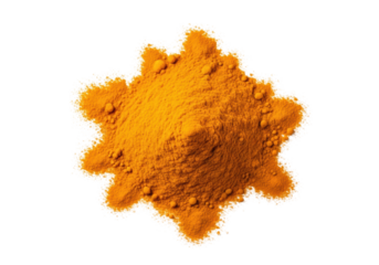 A heap of vibrant orange-yellow finely ground turmeric powder, scattered organically on a transparent background with soft shadows, highlighting its natural texture. Concept of natural purity and