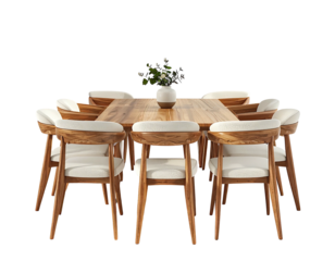 A wooden dining set with chairs, a table, and a vase of flowers