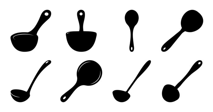 An illustration of seven black cooking ladles and spoons on a white background