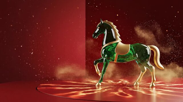 Emerald horse figurine with golden accents on a red platform, surrounded by dust particles and light rays. Symbolizes power, wealth, and success.