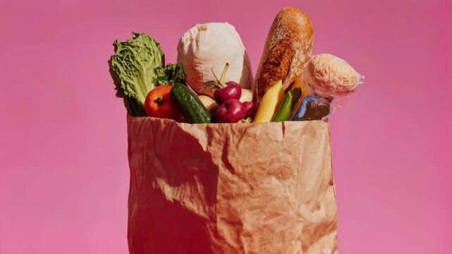 Paper grocery bag overflows with fresh vegetables fruit bread and cheese on pink background highlighting healthy food choices market shopping and balanced diet