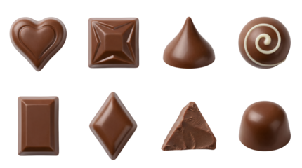 Milk chocolate candy set including heart, square, swirl, and geometric praline shapes isolated. Assorted confectionery and dessert collection.