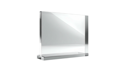 Clear, rectangular acrylic display stand with a base, isolated on black