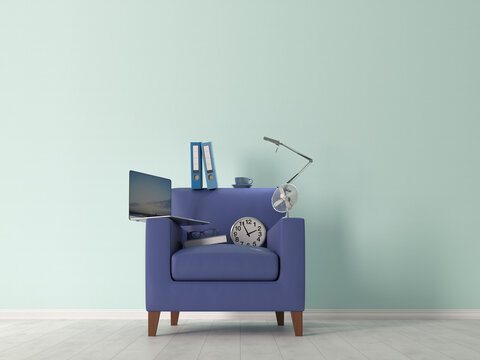 Stacked office supplies on blue armchair symbolizing work balance