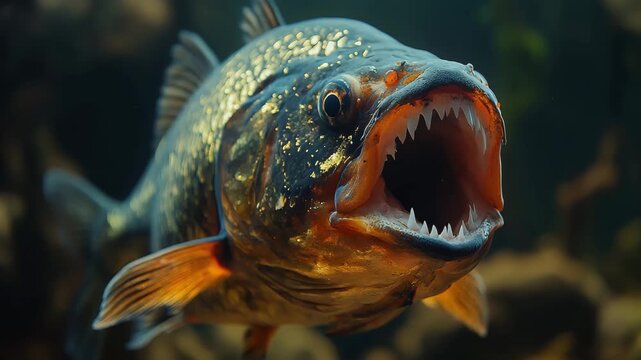 closeup of a piranha in the water about to hunt
