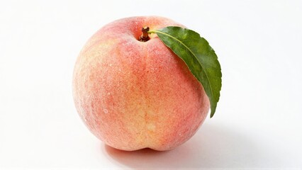 Fresh peach with dew drops and green leaf