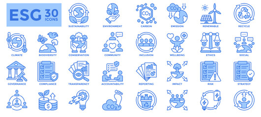 Environmental, Social, and Governance (ESG) icon collection. Containing sustainability, environment, social, governance, carbon, renewables, emissions, conservation, risk, innovation.	