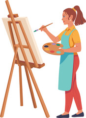 Young Female Artist Painting on Canvas with Palette and Easel IllustrationYoung Female Artist Painting on Canvas with Palette and Easel Illustration