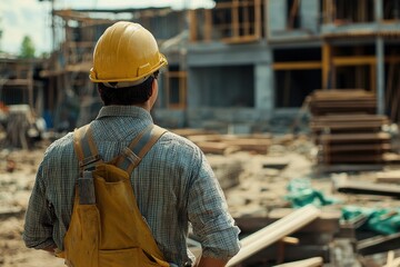 Civil engineer inspector observes construction site progress while ensuring safety and compliance with standards in urban development project