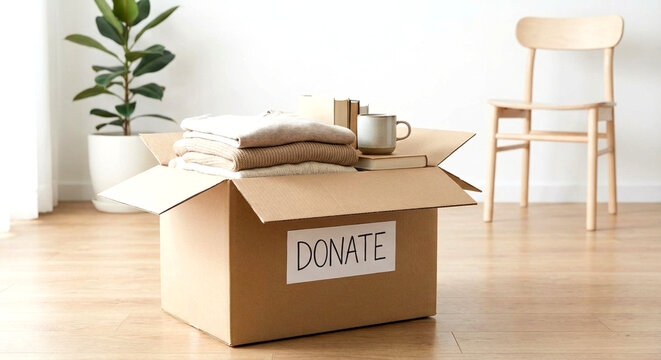 Donation box filled with clothes and household goods, embodying goodwill and community support for charity - Powered by Adobe