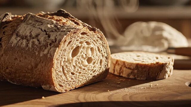 Rustic brown bread loaf with a slice cut and resting on a wooden surface, showcasing a hearty and appetizing texture.