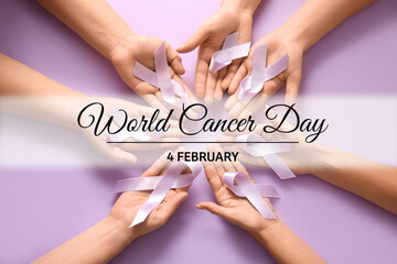 Female hands with lilac awareness ribbons on color background, top view. World Cancer Day