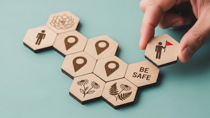 Ensuring safety and guidance on a journey: hand placing a 'be safe' tile within a map of nature and location