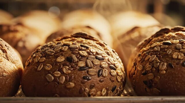 Rustic multigrain bread rolls with a hearty seed topping freshly baked in an artisan bakery