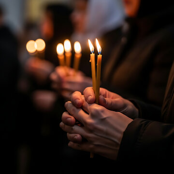 Close up view of religious devotion showing intertwined hands carefully holding two bright burning yellow taper candles during a solemn spiritual gathering at night.