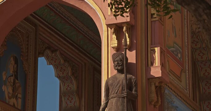 Jaipur, Rajasthan, India. Statue Of Warrior. Patrika Gate At Jawahar Circle. Old Pink City. Travel To India. Patrika Gate Is Traditional Rajasthani Style Of Architecture. Pillar And Column Depict