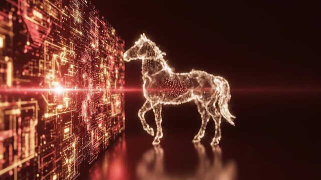 Digital horse animation with circuit board background. Futuristic technology concept with a glowing horse walking in a virtual space.