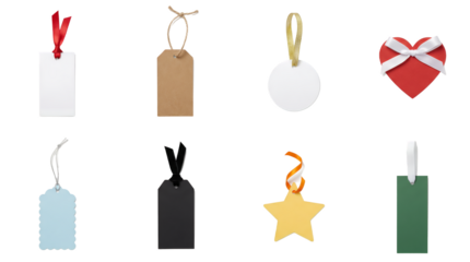 Paper gift tag set including rectangular, circular, star, heart, and scalloped shapes with ribbon and twine ties. Blank hanging label collection for retail and holiday packaging.