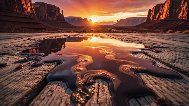 Golden desert sunset reflecting in spilled liquid on weathered wooden planks, majestic mesa landscape vista.