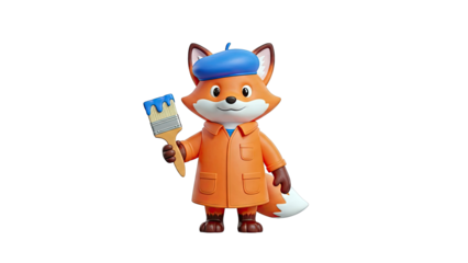 Cartoon Fox Artist with Blue Beret and Paintbrush