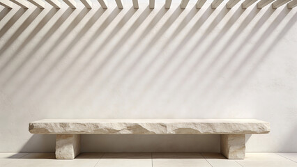 Minimal stone bench with dramatic slatted shadows in modern architectural space, soft daylight, Generative AI