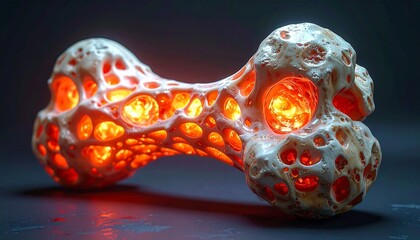 "Semi-transparent porous bone with glowing red-orange core floating in dark space."