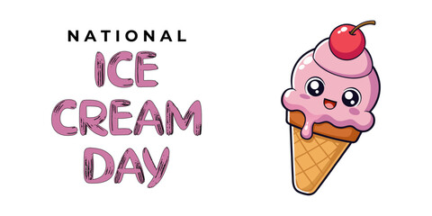 National ice cream day. Design template for banner, poster or card with cute ice cream character. Vector illustration